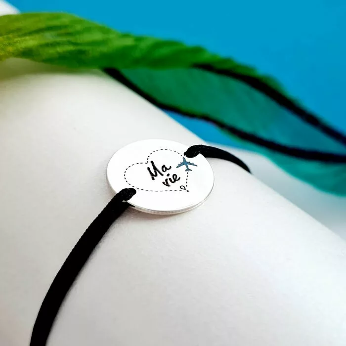 Bratara personalizata - Simbol calatorie - Banut de 15 mm decorat cu email - Argint 925 - snur reglabil-Bijuterii decorate cu email colorat-Personalizate >> Ocazie >> Bijuterii tematice pasiuni