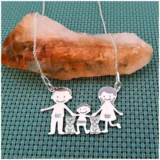 Lantisor Familie - 5 Membri cu 2 Yorkshire Terrieri - Argint 925-Familia mea-Personalizate >> Ocazie >> Familia mea