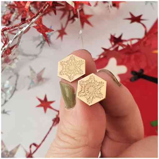 Cercei Craciun - Model Hexagon - Fulg de zapada - Argint 925 placat cu Aur roz de 18K - inchidere surub-Cercei Craciun-Ocazii >> Craciun >> Cercei Craciun