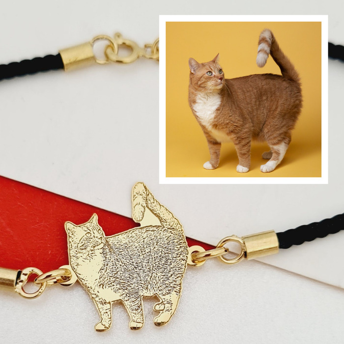 Bratara pisica iubita - Personalizare cu poza - Argint 925 placat cu Aur Galben 18K - Snur gros