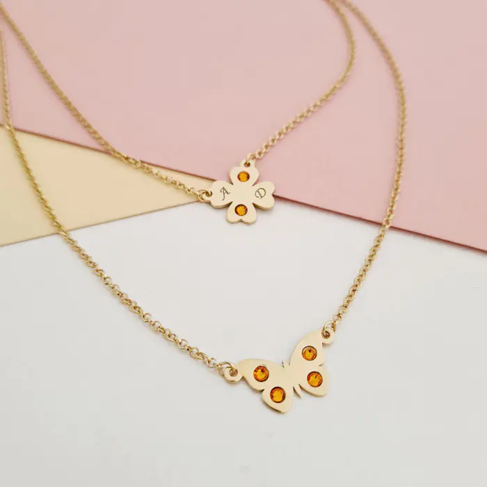 Lantisor 2 straturi - Trifoi si fluture - Cristale Swarovski - Argint 925 placat cu Aur Galben 18K-Toate >> Argint 925 >> Lantisoare Argint
