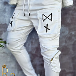 Bluza pantaloni albi de barbati cu buzunare frontale Croiala Slim Fit GB123 4