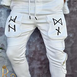 Bluza pantaloni albi de barbati cu buzunare frontale Croiala Slim Fit GB123 5