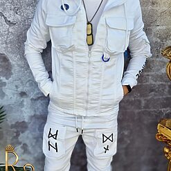 Bluza pantaloni albi de barbati cu buzunare frontale Croiala Slim Fit GB123 7