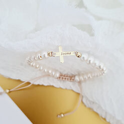 Bratara Perle - Cruce personalizata din Aur Galben 14K - Model cu sirag perlat si snur reglabil-Colectii >> Comori Perlate >> Noutati