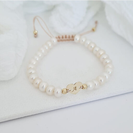 Bratara Perle - Inima personalizata din Aur Galben 14K - Model cu sirag perlat si snur reglabil-Colectii >> Comori Perlate >> Noutati