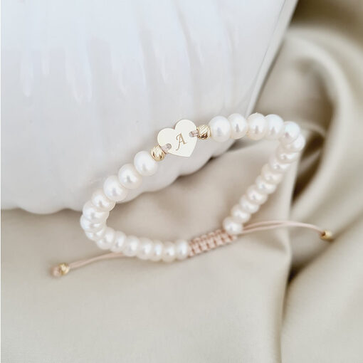 Bratara Perle - Inima personalizata din Aur Galben 9K - Model cu sirag perlat si snur reglabil-Colectii >> Comori Perlate >> Noutati