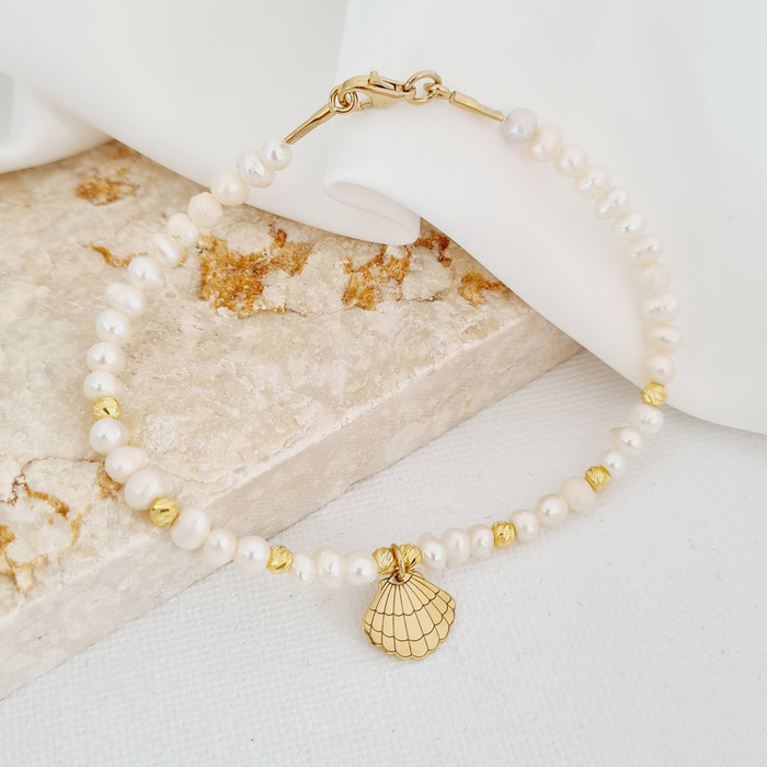 Bratara cu Perle - Charm scoica  Venus - Model sirag perle cu 8 bilute - Argint 925 placat cu Aur Galben 18K-Colectii >> Comori Perlate >> Noutati