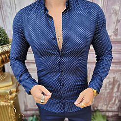 Camasa Albastra cu model de barbati guler cu nasturi CR118 3