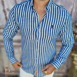 Camasa de barbati Slim Fit Alba cu dungi albastre CR41 3