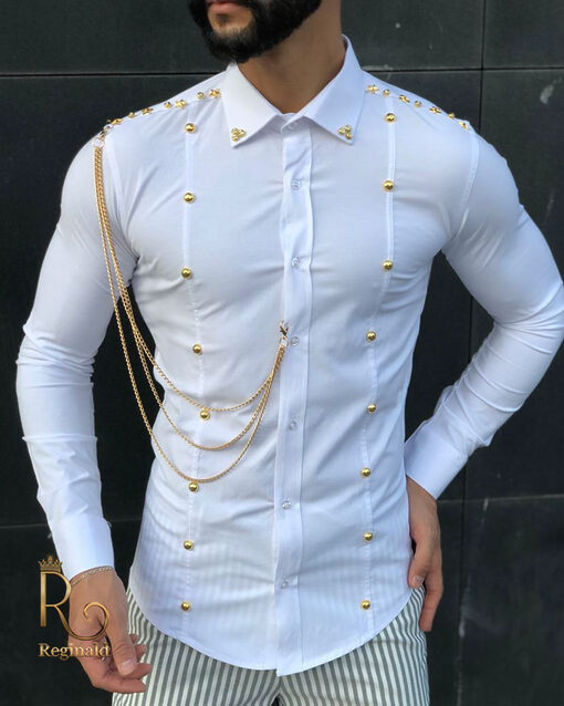 Camasa de barbati alba slim-fit cu lant auriu - CM468-Camasi