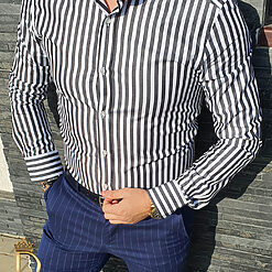 Camasa slim fit in dungi negre de barbati din 100 bumbac CM421 2