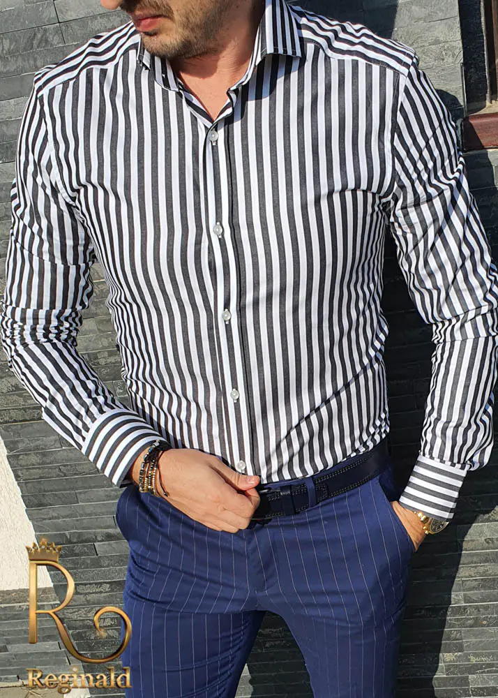 Camasa slim fit in dungi negre