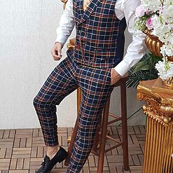 Compleu Vesta si Pantalon Slim Fit bleumarin in carouri CU55 3