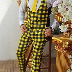 Compleu Vesta si pantalon galben in carouri negre slim fit CU68 2