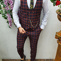 Compleu barbati slim fit vesta si pantalon bleumarin in carouri caramizii CU111 2