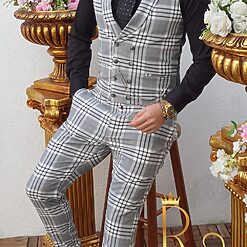 Compleu barbati slim-fit vesta si pantalon gri in patratele albe/negre - CU123-Vesta + Pantalon