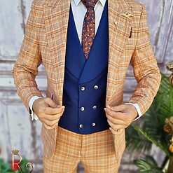 Costum barbatesc Slim Fit Sacou Vesta bleumarin si Pantalon C3162 5