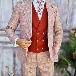Costum barbatesc Slim Fit Sacou Vesta rosie si Pantalon C3153 4