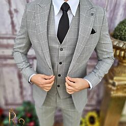 Costum de barbati Slim Fit Gri in carouri Sacou Vesta si Pantalon C3548 5