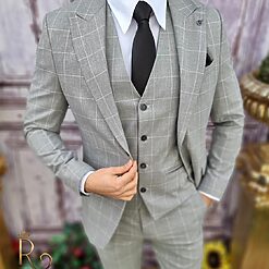 Costum de barbati Slim Fit Gri in carouri Sacou Vesta si Pantalon C3548 6