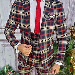 Costum de barbati slim fit in carouri bleumarin SacouVestaPantalon C3337 3