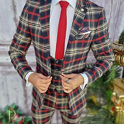 Costum de barbati slim fit in carouri bleumarin SacouVestaPantalon C3337 4