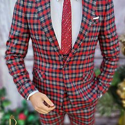 Costum de barbati slim fit visiniu in carouri SacouVestaPantalon C3380 3