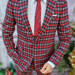 Costum de barbati slim fit visiniu in carouri SacouVestaPantalon C3380 4