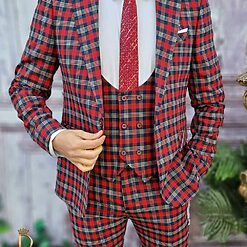 Costum de barbati slim fit visiniu in carouri SacouVestaPantalon C3380 5