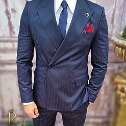 Costum elegant de barbati bleumarin in dungi Sacou si Pantalon C3743 3