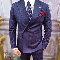 Costum elegant de barbati bleumarin in dungi Sacou si Pantalon C3745 3