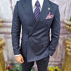 Costum elegant de barbati bleumarin in dungi Sacou si Pantalon C3748 3