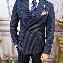 Costum elegant de barbati bleumarin in dungi Sacou si Pantalon C3748 4