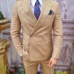 Costum elegant de barbati crem cappucino Sacou si Pantalon C3740 3