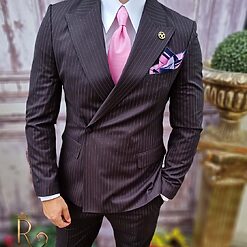 Costum elegant de barbati negru in dungi roz Sacou si Pantalon C3747 3