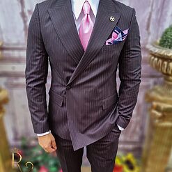 Costum elegant de barbati negru in dungi roz Sacou si Pantalon C3747 4