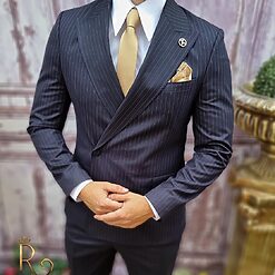 Costum slim fit bleumarin in dungi Sacou si Pantalon C3749 3