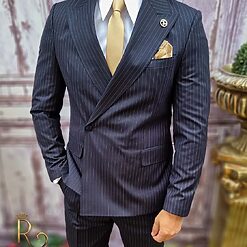 Costum slim fit bleumarin in dungi Sacou si Pantalon C3749 4