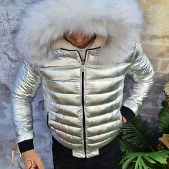 Geaca de iarna groasa argintie cu blana alba la gluga GC500 3