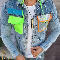 Jacheta de barbati cu imprimeuri verde neon croiala slim fit GB147 4