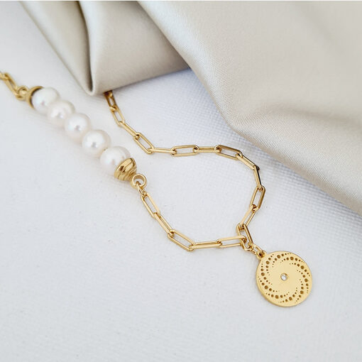 Lantisor cu Perle - Spirala de picaturi - Model 5 perle imbinate cu un lant cu zale - Diamant natural - Argint 925 placat cu Aur Galben 18K-Colectii >> Comori Perlate >> Noutati