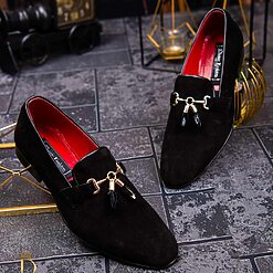 Mocasini / Loafers din catifea si piele cu ciucuri - P1222-Pantofi