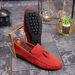 Piele întoarsă rosie cu ciucuri – AD435-Mocasini Casual