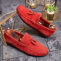 Mocasini casual de barbati Piele intoarsa rosie cu ciucuri – AD435 2