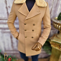 Palton crem de barbati lung blana la guler PT374 3