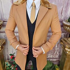Palton de barbati Slim Fit Bej cu guler detasabil de blana PT447 3