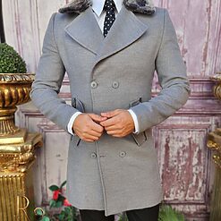 Gri cu guler detașabil de blana - PT446-Paltoane