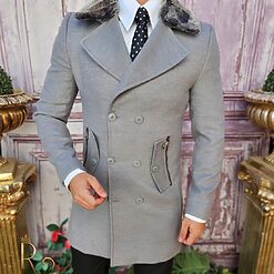 Palton de barbati Slim Fit Gri cu guler detasabil de blana PT446 3