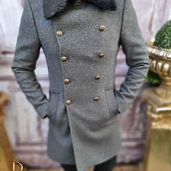 Palton de barbati Slim Fit Gri petrol Guler de blana PT421 4